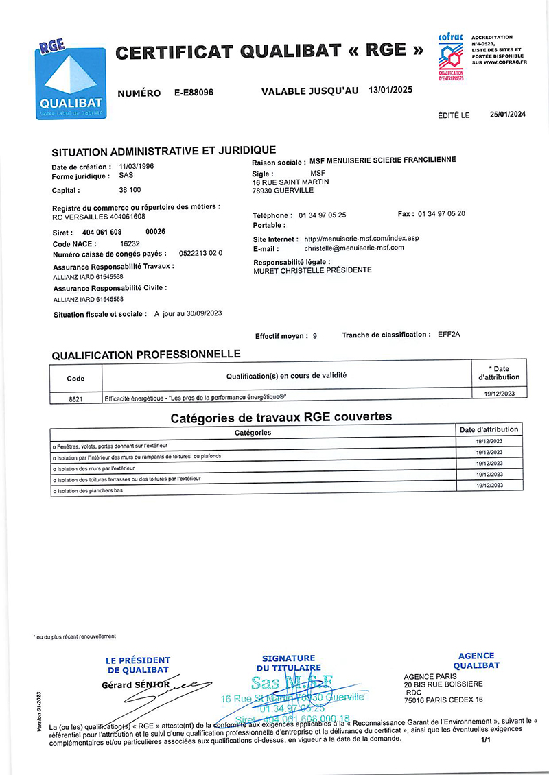 Certificat RGE MSF 2023